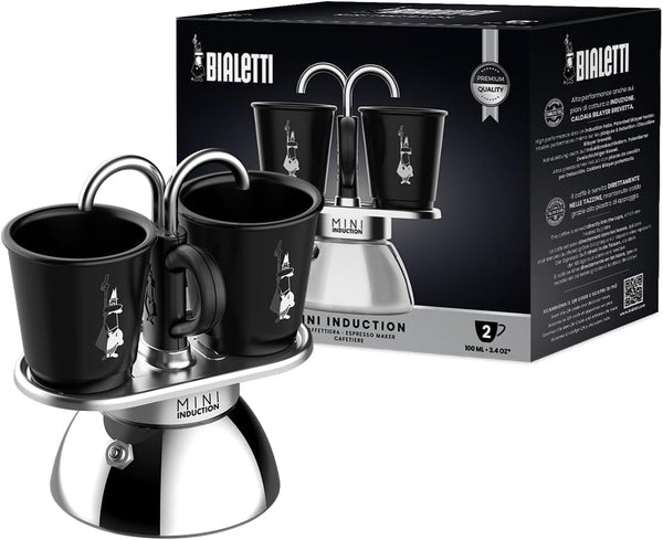 Bialetti Mini Express Induction, Cafetieră cu inducție, 2 cești (100 ml), Potrivit pentru toate tipurile de aragazuri, Negru