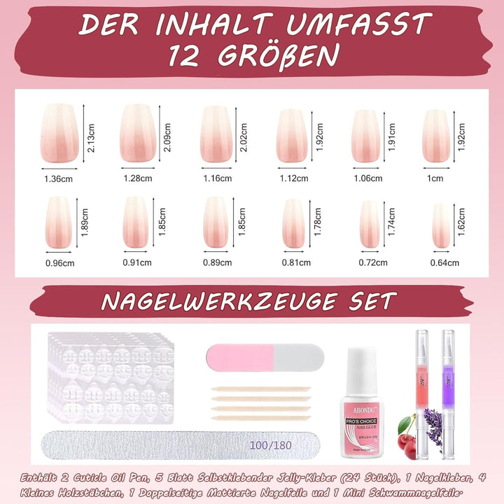 Set 360 de bucăți de unghii false cu balerină în gradient, unghii artificiale cu gradient roz și alb pentru lipire cu 2 bucăți de stilouri cu ulei pentru unghii, unghii false medii ombre pentru femei DIY