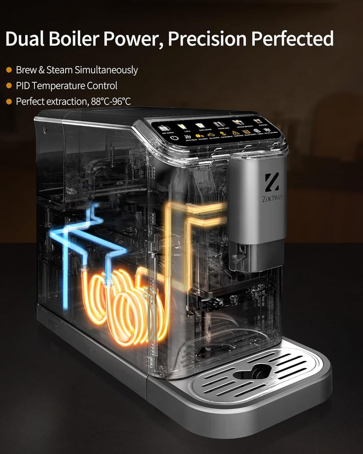 ZACHVO Mașină de cafea complet automată Cu recipient pentru lapte, 20 bar, râșniță cu 15 trepte, ecran tactil, control al temperaturii pid, curățare automată, 5 băuturi la apăsarea unui buton - latte, cappuccino și multe altele, compact