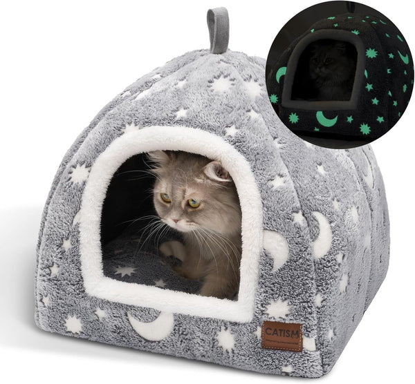 CATISM Peșteră Fluorescentă pentru Pisici - 40 x 40 x 38 cm Pat Luminos pentru Pisici Căsuță pentru Pisici Peșteră Pufoasă, Pliabilă, Lavabilă Loc de Dormit Confortabil pentru Pisici, Pisici, Căței, cu Pernă Detașabilă