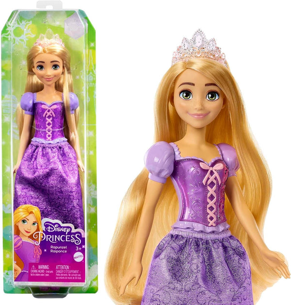 Mattel Disney Princess Rapunzel doll, Păr lung de coafat, Mobil, Pantofi și diademă detașabile, Cadouri Disney, Jucării de la 3 ani, HLW03