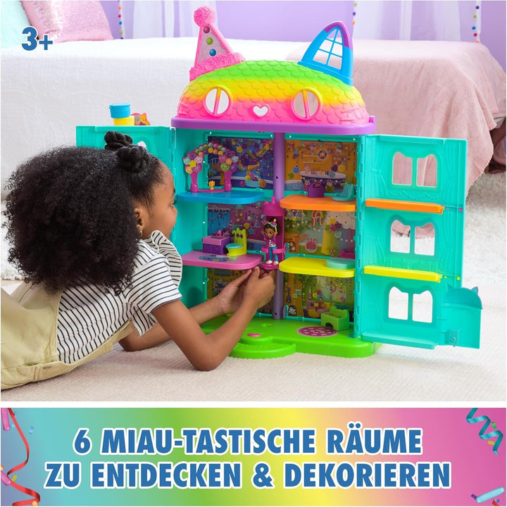 Casa de păpuși Gabby™S, set de 15 piese pentru casa de păpuși Purrfect Party cu aspect curcubeu, de peste 60 cm, cu figura Gabby, mobilier și efecte sonore, de la 3 ani