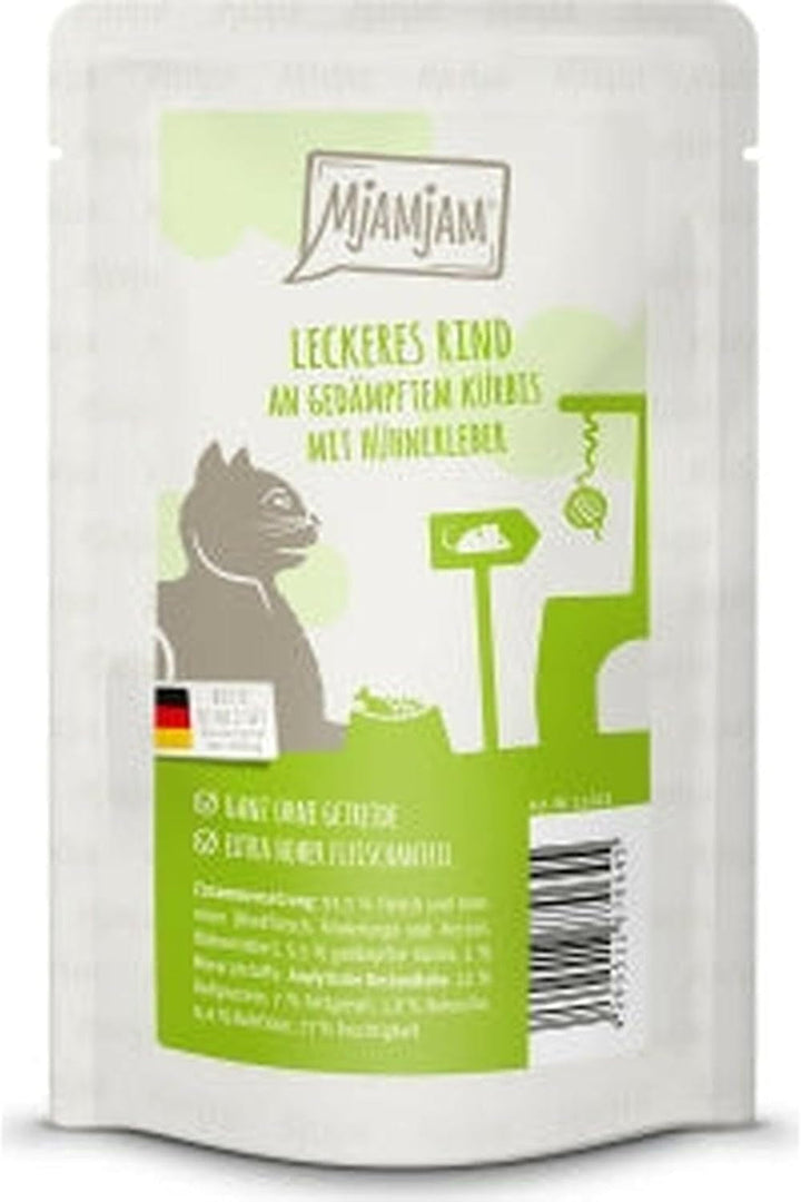 Mjamjam - Hrană umedă premium pentru pisici - Rață și pasăre fină cu morcovi delicioși, 1 pachet (1 X 400 G), fără cereale cu extra carne