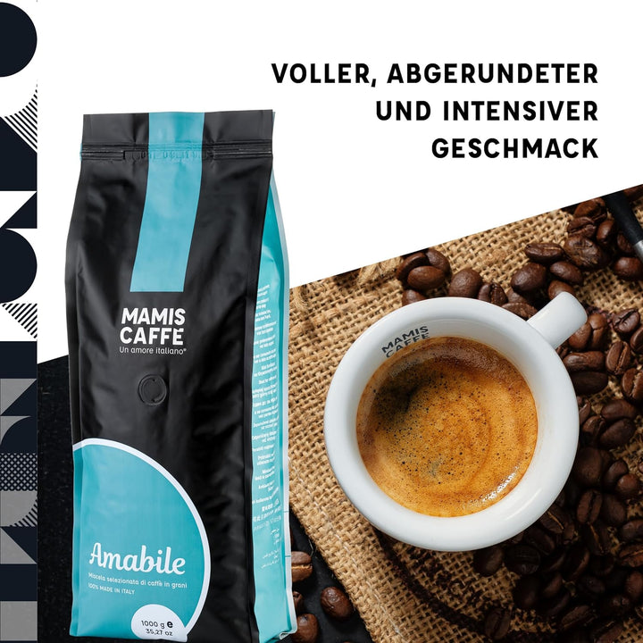 Mamis Caffè Amabile (1 Kg) - Ganze Espressobohnen - Mittel Gerösteter Kaffee Mit Süßen Untertönen - Italienischer Espresso Mit Dicker Crema - Perfekt Als Espresso, Cappuccino Oder Latte Macchiato