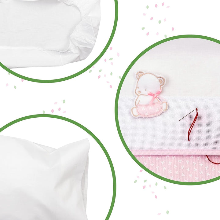 Set de lenjerie de pat Carrycot alb și roz, format din 1 cearșaf cu colțuri, 1 cearșaf de sus cu panglică Aida pentru broderie și 1 față de pernă, 100% bumbac, Made in Italy