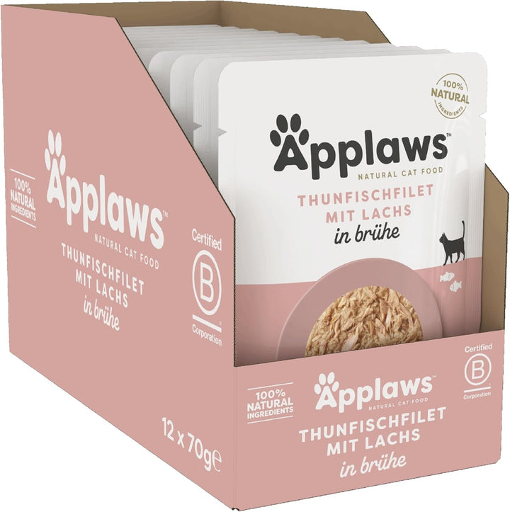 Applaws 100% hrană umedă naturală pentru pisici, file de ton cu somon în bulion - pachet cu 12 pungi x 70G