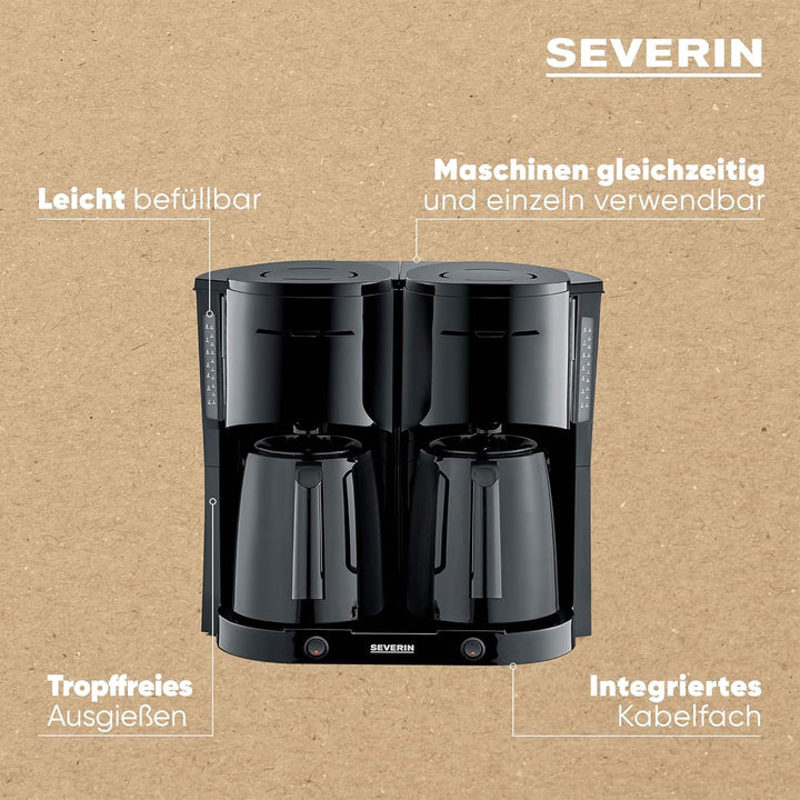 SEVERIN Duo filtru de cafea cu ulcior termo, filtru de cafea pentru până la 16 cești, filtru de cafea atractiv cu 2 ulcioare cu vid, negru, KA 9315