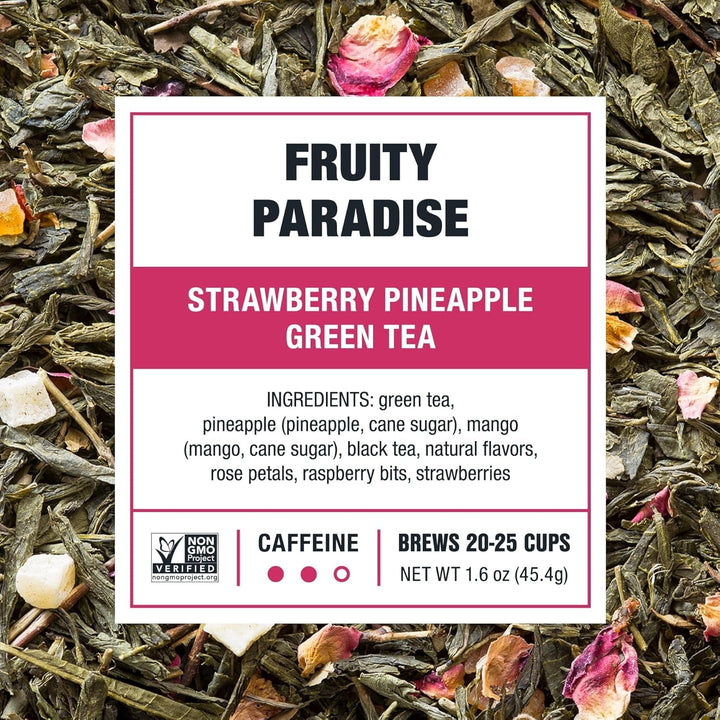 - Fruity Paradise | Loose Leaf | Strawberry Pineapple Green Tea | Premium Blend | Medium Caffeinated Green | Make Hot or Iced Brews up to 25 Cups | 1.6Oz Resealable Pouch Tea USA Naty Shop