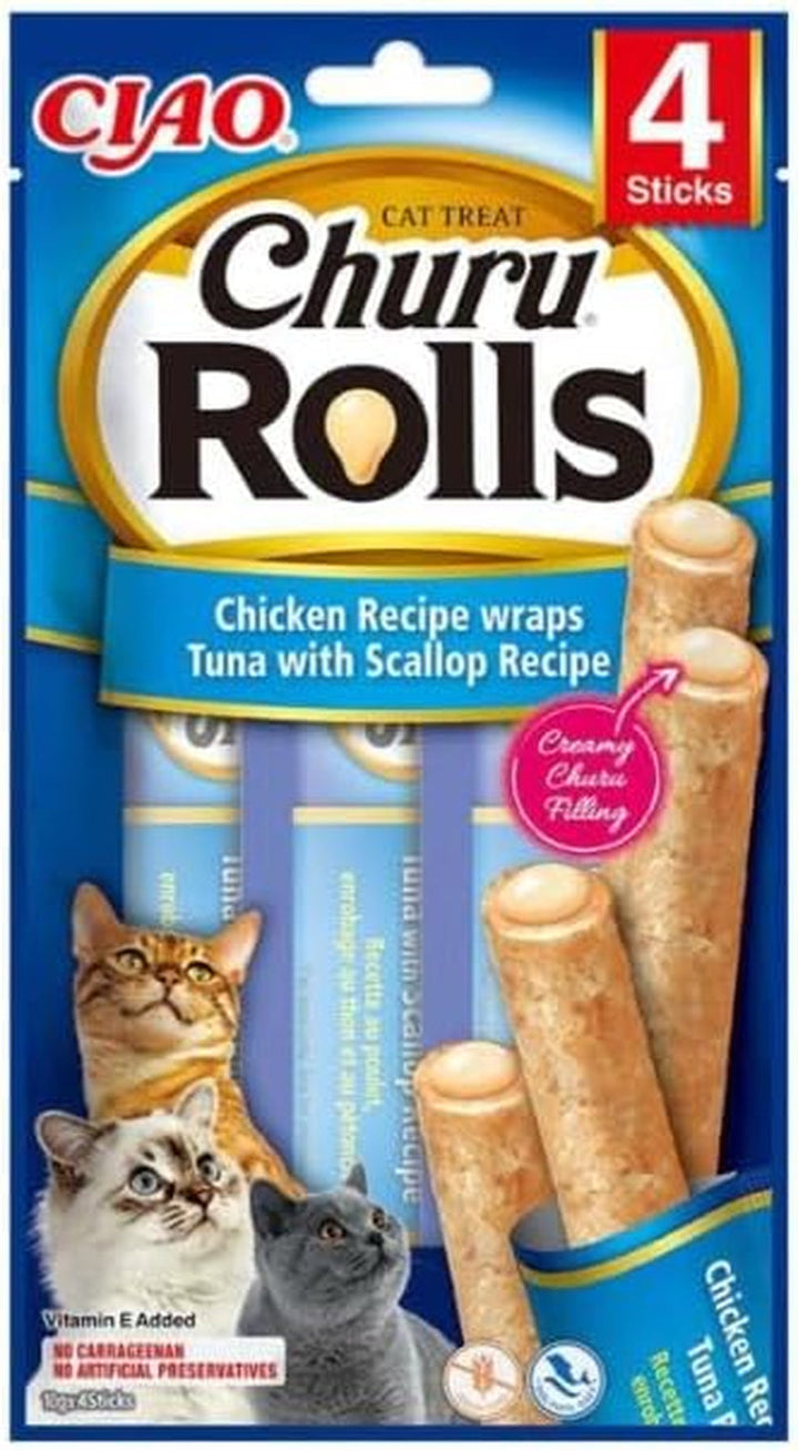 INABA Churu Rolls fără subproduse cu 59% carne de pui Tratează pisicile, fără cereale, fără zahăr, perfecte pentru ascunderea comprimatelor, brânzoaice moi și suculente pentru pisici 40G