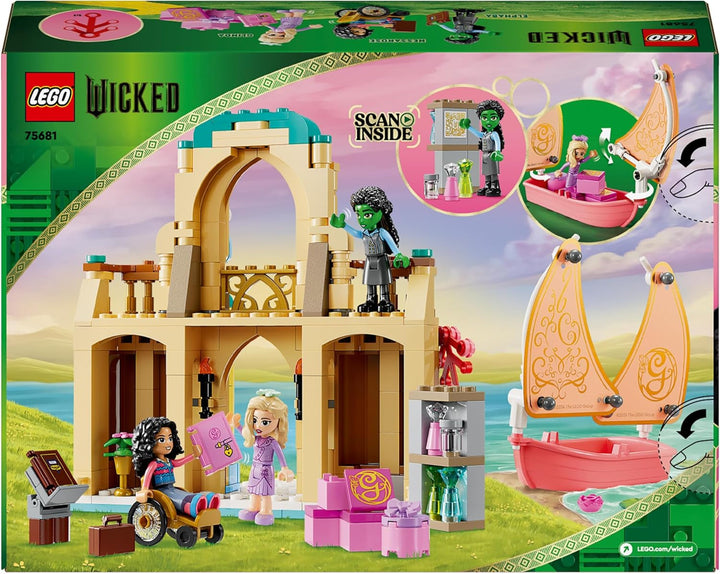 LEGO Wicked Glinda, Elphaba și Nessarose la Universitatea Shiz, barcă cu pânze și 3 figurine, barcă de jucărie, cadou pentru fete și băieți de la 7 ani, iubitorii casei de păpuși 75681