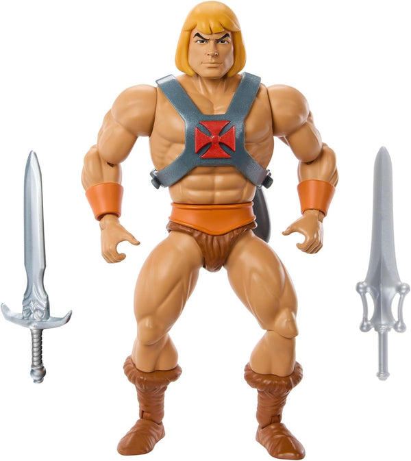 Jucărie Masters of the Universe Origins, He-Man figurină de acțiune din colecția de desene animate, la scară reală, aprox. 14 cm înălțime, erou cu armură, 2 săbii și mini benzi desenate, HYD17