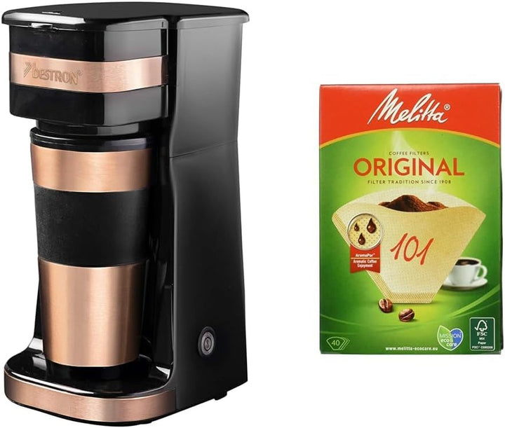 Aparat de cafea Bestron cu cană izolată, aparat de cafea de camping pentru cafea filtrată măcinată, aparat de cafea mic pentru 2 cești mari, 750 wați, culoare: cupru