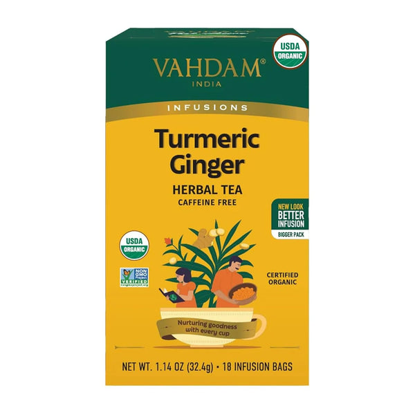 , Organic Turmeric Ginger Herbal Tea Bags (18 Count) Caffeine Free, Gluten Free | 100% Pure Herbal Blend - Earthy & Savory | Eco-Friendly Individually Wrapped Tea Bags | Direct from Source Tea USA Naty Shop Turmeric Ginger 18 Ct
