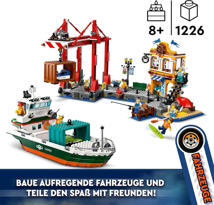 Portul LEGO City cu navă de marfă, jucărie de construit pentru băieți și fete de la 8 ani, idee de cadou pentru copii, macara pentru containere, navă de jucărie și 8 minifigurine 60422