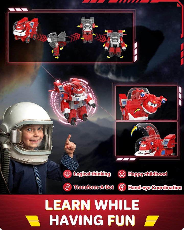 Super Wings Robot Toys - Jett Transformers Toy Cars Toy Trucks Avec Mini Jet Avion Jouets Pour Enfants 3 4 5 Ans, Red
