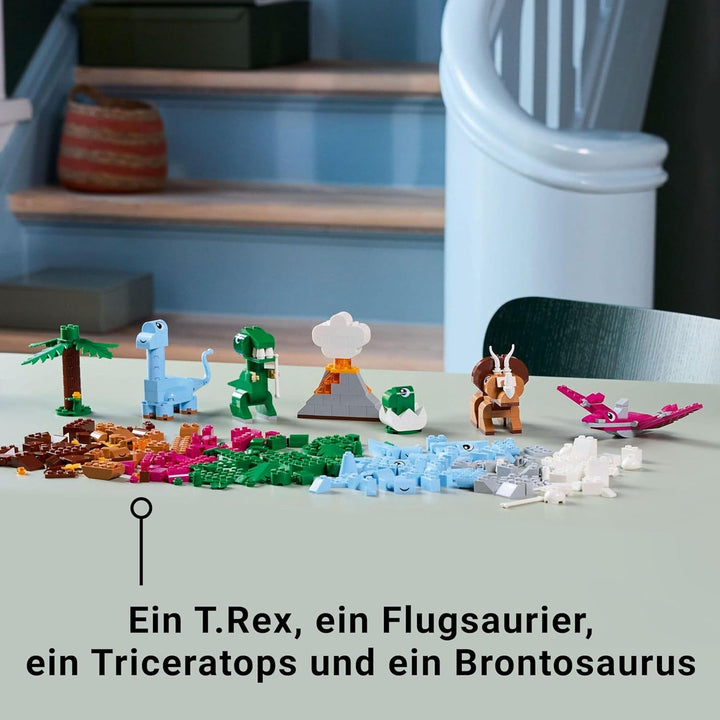 LEGO Classic Creative Dinosaurs, set de construcție cu modele și figuri de animale realizate din cărămizi, experiență de joacă imaginativă, cadou pentru băieți și fete de la 5 ani, inclusiv T.Rex și Triceratops 11041