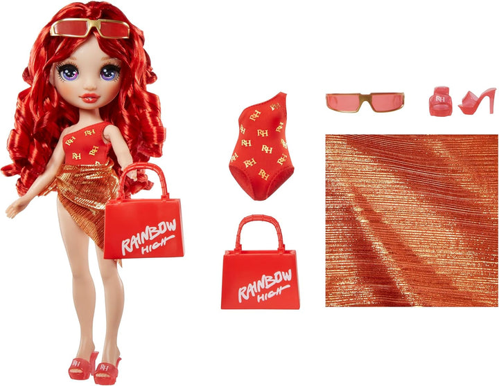 Rainbow High Swim & Style - Ruby (roșu) - păpușă înaltă de 28 cm cu pareo strălucitor, poate fi purtată în 10+ moduri - costum de baie extensibil, sandale, accesorii de joacă - jucărie - ideală pentru 4 până la 12 ani