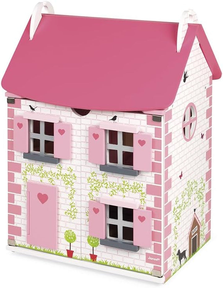 Janod - Casa de păpuși din lemn Mademoiselle, 3 etaje și cu 11 accesorii, replică de jucărie, dezvoltă imaginația, de la 3 ani, J06581, roz