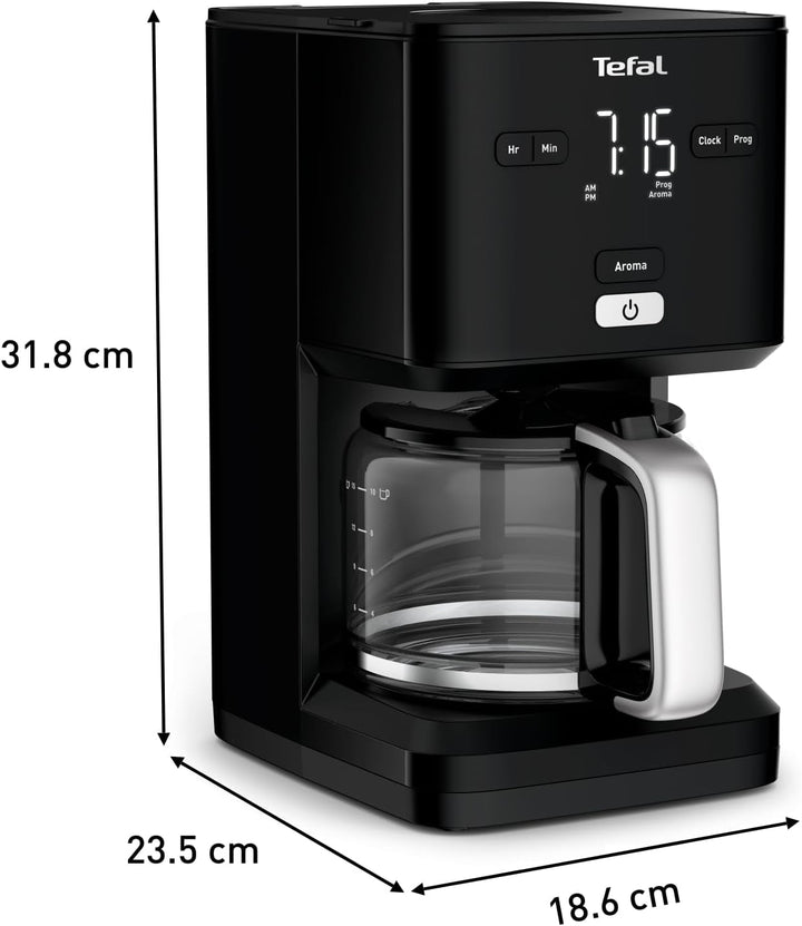 TEFAL SMART'N LIGHT Cafetieră electrică neagră, 1,25 L, programabilă, 24 ore, funcție aromă după 30 minute, fără picurare, CM600810