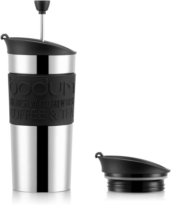 BODUM Travel French Press Coffee Maker Set, oțel inoxidabil cu capac suplimentar, vid, 350 Ml/12 Oz, negru