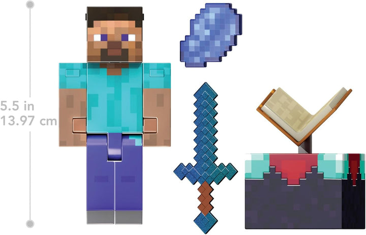 Mattel Minecraft Diamond Level Steve figurină de acțiune cu 3 accesorii, figurină de colecție, figurină la scară reală de aproximativ 14 cm și design pixelat HXM84