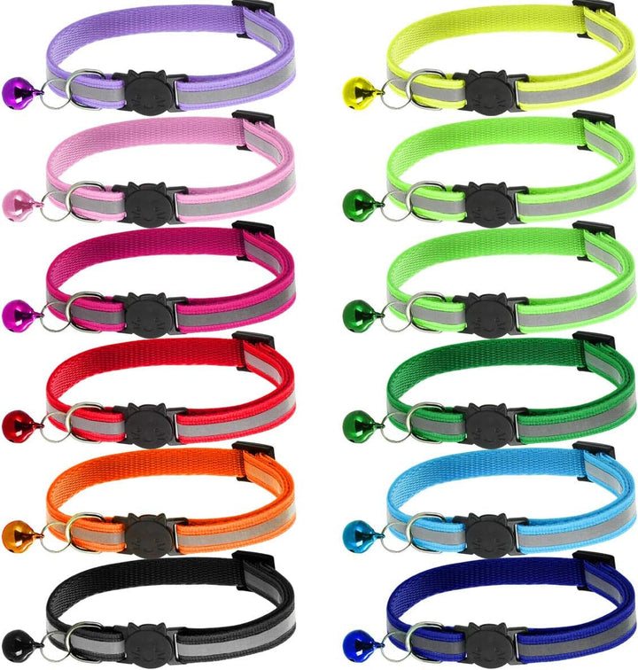 Set de 12 zgărzi pentru pisici cu clopoțel, fluorescente reflectorizante cu cataramă de siguranță/eliberare rapidă, reglabile 19-32 cm, potrivite pentru majoritatea pisicilor domestice