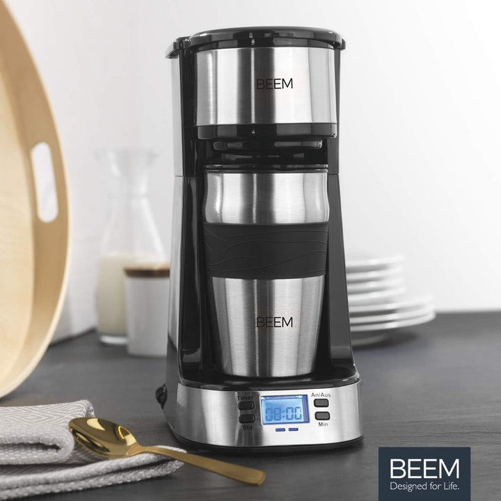 BEEM THERMO 2 GO Cafetieră cu filtru unic cu cană termo de 0,4 l | Filtru permanent | Cu cronometru 24 h pentru o cană de cafea fierbinte dimineața fără așteptare | 750 W