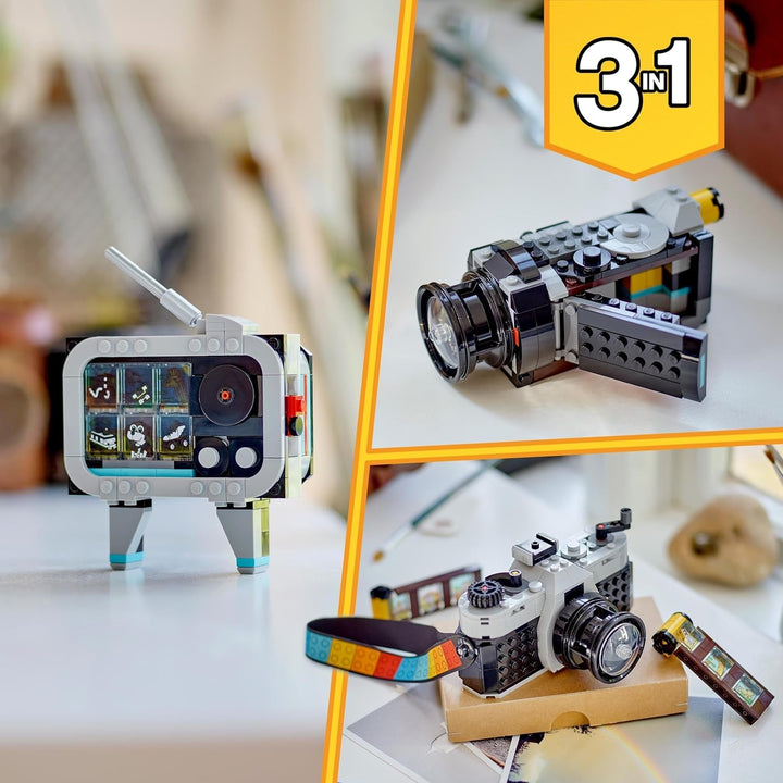LEGO Creator 3In1 Retro Camera Toy, Camera video, Set TV, Decorațiuni de birou pentru copii sau accesorii pentru dormitor, Cadouri de fotografie pentru fete și băieți de la 8 ani 31147