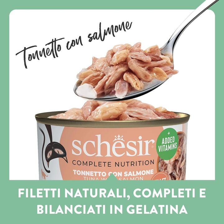 , Ton cu somon în jeleu, hrană umedă completă pentru pisici, la cutie, cu vitamine suplimentare, 100% naturală, 6 X 85 G