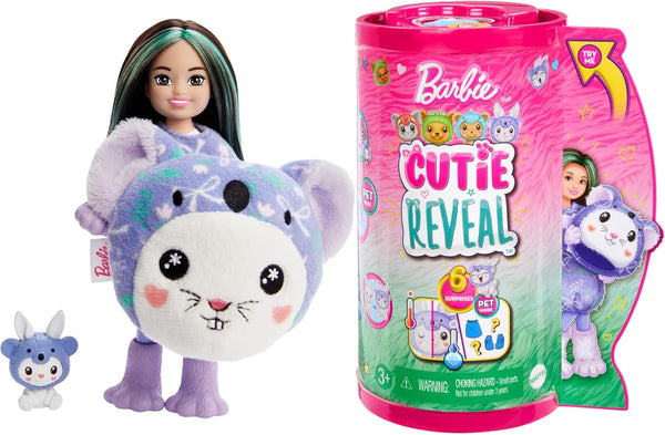 BARBIE Cutie Reveal Doll - păpușă Chelsea cu 6 surprize și distracție cu schimbarea culorilor, iepuraș în costum de pluș Koala, jachetă din fleece cu model la modă, pentru copii de la 3 ani, HRK31
