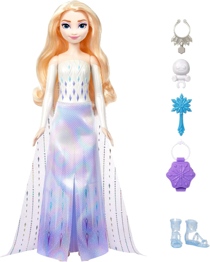 Mattel Disney The Ice Queen Elsa Fashion Doll Set, Spin & Reveal cu 11 surprize, inclusiv 5 accesorii, 5 autocolante și o scenă pentru joacă, inspirat de filmul Disney, HTG25
