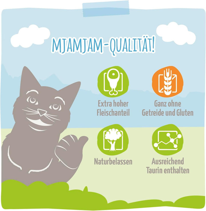 Mjamjam - Hrană umedă premium pentru pisici - Rață și pasăre fină cu morcovi delicioși, 1 pachet (1 X 400 G), fără cereale cu extra carne