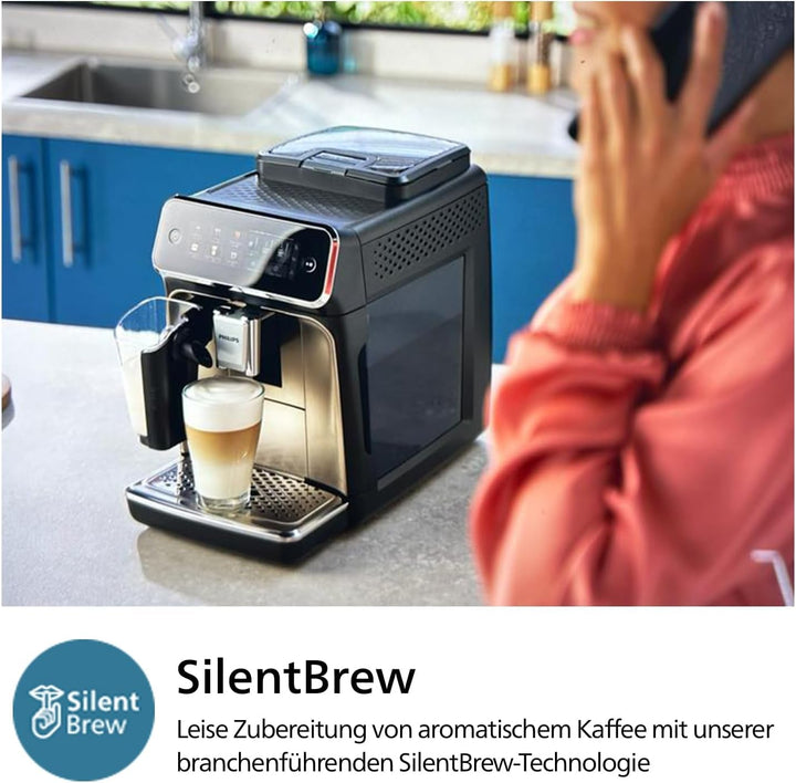 Aparat de cafea complet automat Philips Seria 3300 - 6 băuturi, ecran tactil color modern, sistem de lapte Lattego, Silentbrew, râșniță 100% ceramică, filtru Aquaclean. Crom negru (EP3347/90)