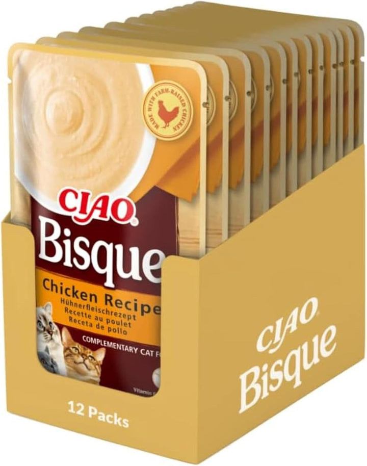 INABA Ciao Bisque Hrană umedă pentru pisici cu conținut scăzut de calorii cu 28% pui | Fără cereale, fără zahăr, fără subproduse, pastă cremoasă și supă delicioasă pentru pisici din Japonia 40 G (pachet de 12)