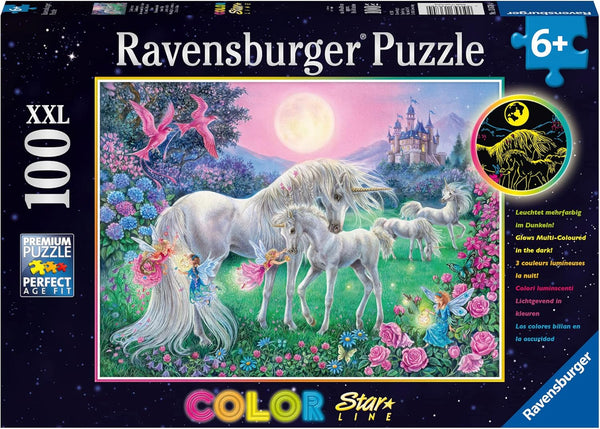 Ravensburger puzzle pentru copii - 13670 Unicorni în lumina lunii - Puzzle cu lumină de unicorn pentru copii cu vârsta de peste 6 ani, cu 100 de piese în format XXL, strălucește în întuneric