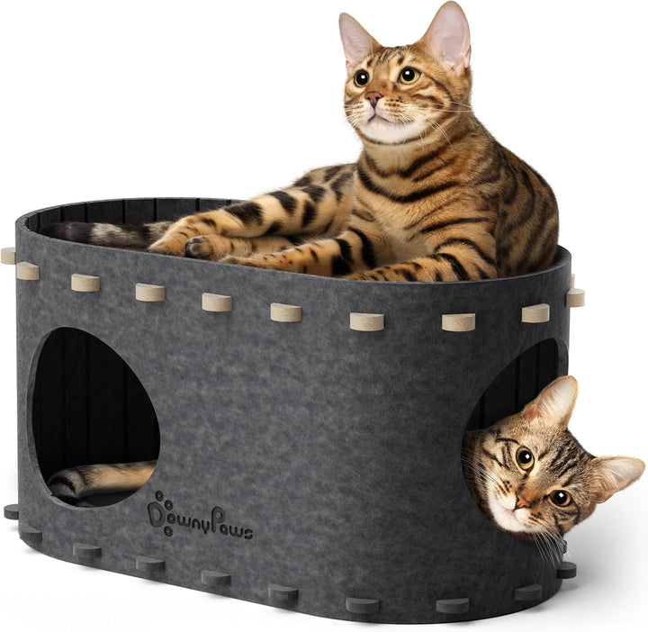 Peșteră pentru pisici Downypaws din fetru, pat pentru pisici cu 2 niveluri, căsuță tip castel pentru joacă, design cald, protecție pentru unghiile pisicii, bej