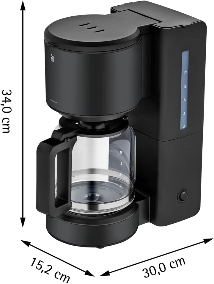 WMF Stelio Aroma filtru de cafea cu ulcior de sticlă, filtru de cafea, 10 cești, filtru de cafea din oțel inoxidabil, opritor de picurare, placă de încălzire, oprire automată, 1000 W, negru mat