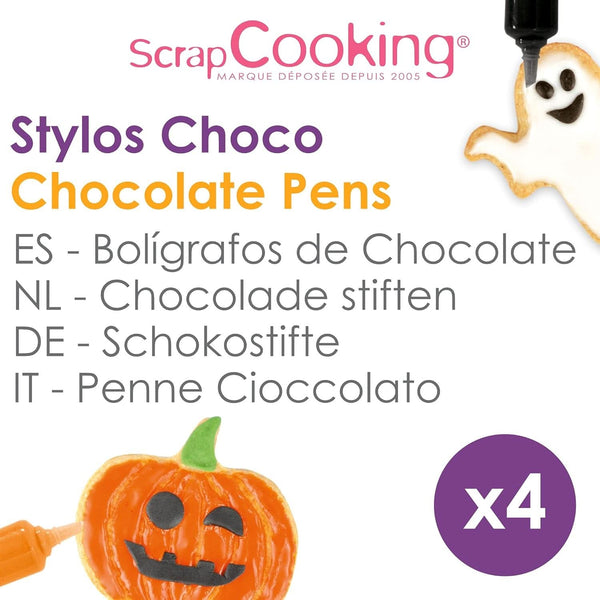 Scrapcooking - Set de 4 stilouri de ciocolată de Halloween - negru, portocaliu, violet și alb, scrieți și desenați pe deserturi, prăjituri și biscuiți