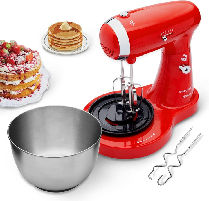 SS-14506 Küchenmaschine, Mixer Und Mixer 3-In-1 Mit Drehschüssel, Stäbchen Und Haken Zum Kneten Aus Edelstahl, 5 Geschwindigkeiten, 3,2 Liter (Rot)