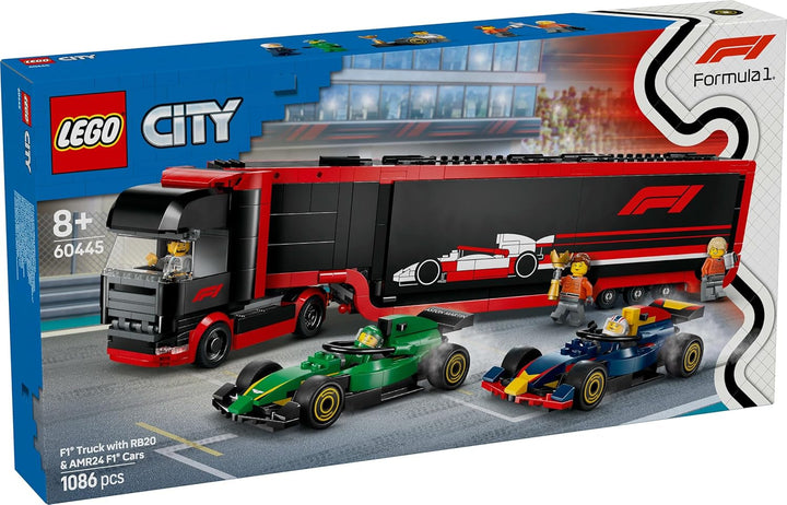 LEGO City F1 Transporter with RB20 & AMR24 F1 Racing Cars - Toy Car Transporter for Red Bull & Aston Martin Formula 1 Teams - Incl. 5 Minifigures - Gift for Boys & Girls Ages 8+ 60445