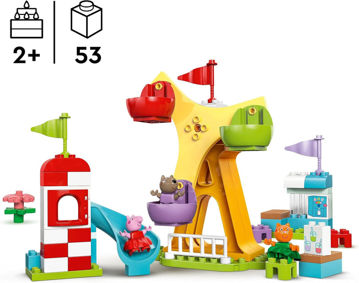 LEGO DUPLO Peppa Wutz Fairground - Jucării pentru copii și jucării pentru abilități motorii pentru vârsta de 2+ - Jocuri preșcolare cu roată mare, tobogan și 3 figuri, inclusiv Mollie Kitty și Klausi Kläff - Cadou pentru copii 10453