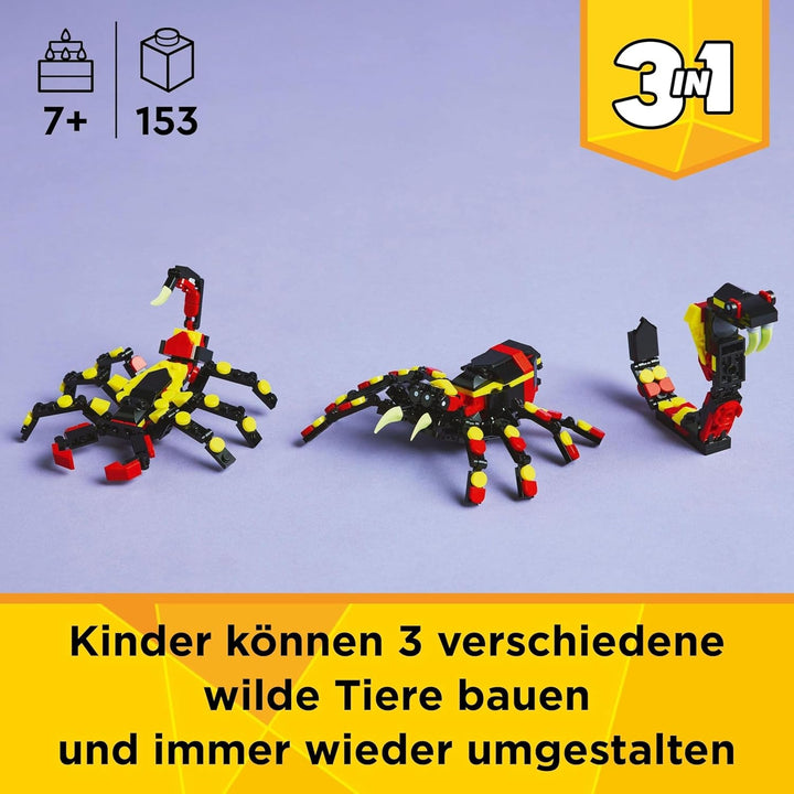 LEGO Creator 3In1 Animale sălbatice: Păianjen surpriză - jucărie de reconstruit într-o figură de scorpion sau șarpe - set de construcție cu 3 modele - cadou pentru băieți și fete de la 7 ani 31159