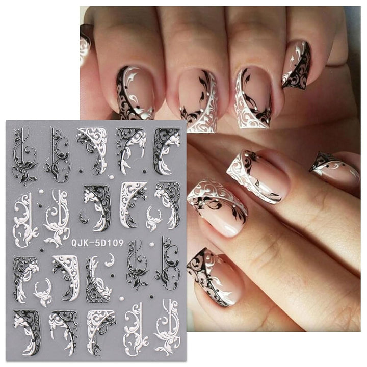 JMEOWIO 3D Nagelsticker Schwarz Weiß Blume Nail Art Sticker Selbstklebend Nagelaufkleber 5D Stereoskopisch Blumen Dekoration Nageldesign Zubehör 4 Blatt