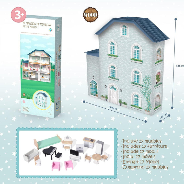 Casă de păpuși din lemn Deqube, 4 etaje, casă de păpuși cu decor diferit și îngrijit în fiecare cameră, cu 17 accesorii - Dimensiune 135 X 36 X 128 Cm (913D00016)