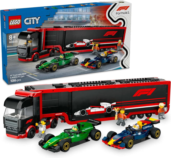 LEGO City F1 Transporter with RB20 & AMR24 F1 Racing Cars - Toy Car Transporter for Red Bull & Aston Martin Formula 1 Teams - Incl. 5 Minifigures - Gift for Boys & Girls Ages 8+ 60445