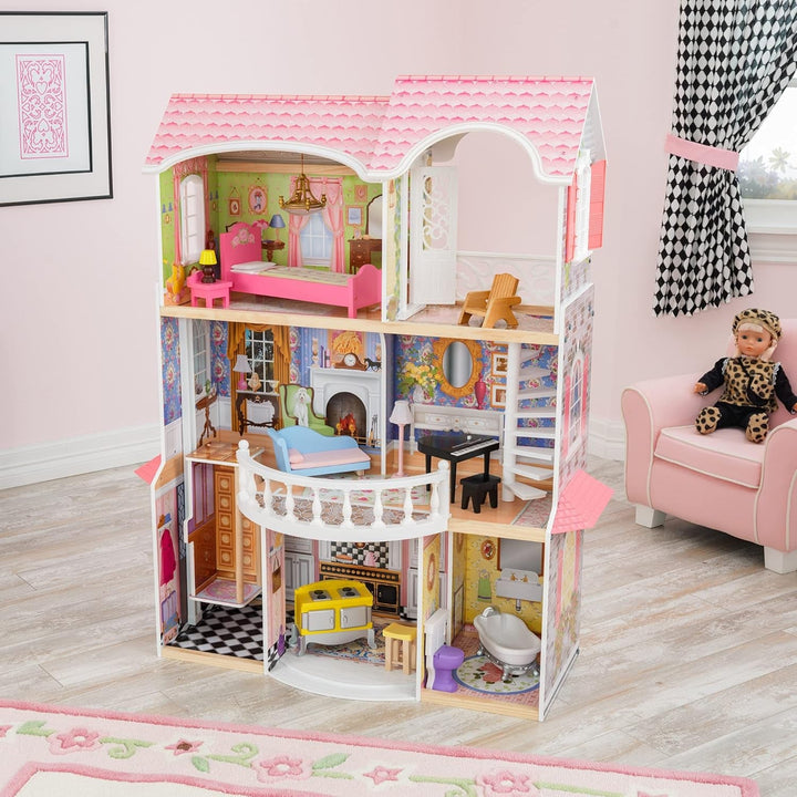Casa de păpuși Kidkraft Magnolia Mansion din lemn cu mobilier și accesorii, set de joacă cu balcon și lift pentru păpuși de 30 cm, jucărie pentru copii de la 3 ani, 65907