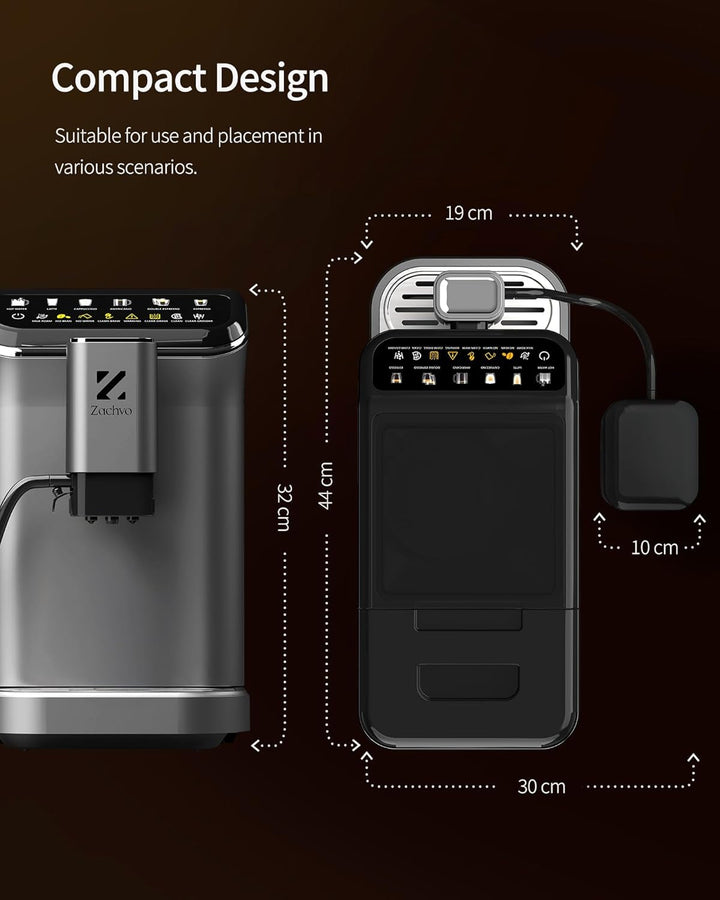 ZACHVO Mașină de cafea complet automată Cu recipient pentru lapte, 20 bar, râșniță cu 15 trepte, ecran tactil, control al temperaturii pid, curățare automată, 5 băuturi la apăsarea unui buton - latte, cappuccino și multe altele, compact