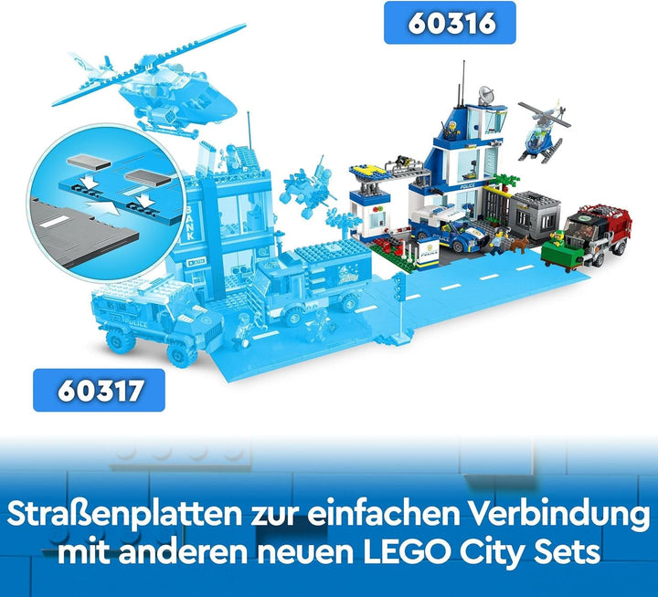 Stație de poliție LEGO 60316 City cu mașină de poliție, mașină Mill și elicopter, clădire construibilă cu 3 figuri, jucărie de poliție pentru băieți și fete de la 6 ani, cadou pentru copii
