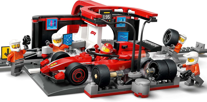LEGO City F1 Pit Stop cu echipa și Ferrari Speedster - Set Formula 1 Pit Stop cu 1 pilot de curse și 4 minifigurine mecanice - Jucărie pentru mașini de curse pentru băieți și fete peste 6 ani - 60443