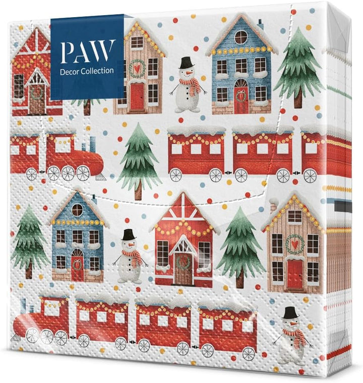 PAW - Șervețele 3 straturi (33 X 33 Cm) I 20 bucăți I Șervețele de hârtie colorate perfecte pentru masa de Crăciun I Șervețele - Crăciun, iarnă, stele, zăpadă, oameni de zăpadă I Familia Snowy